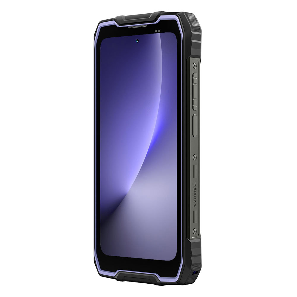Uno smartphone robusto con custodia scura e sfondo viola.