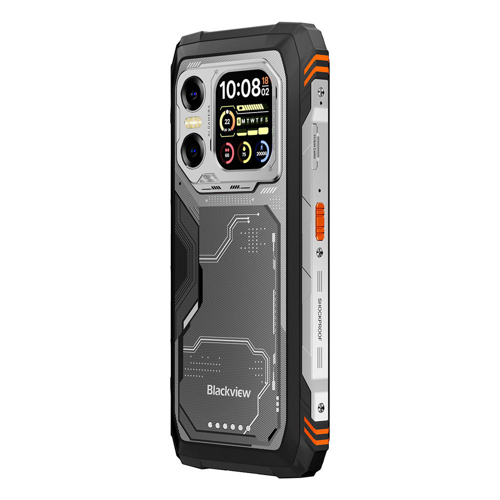 Uno smartphone Blackview nero robusto con accenti arancioni e fotocamera posteriore.