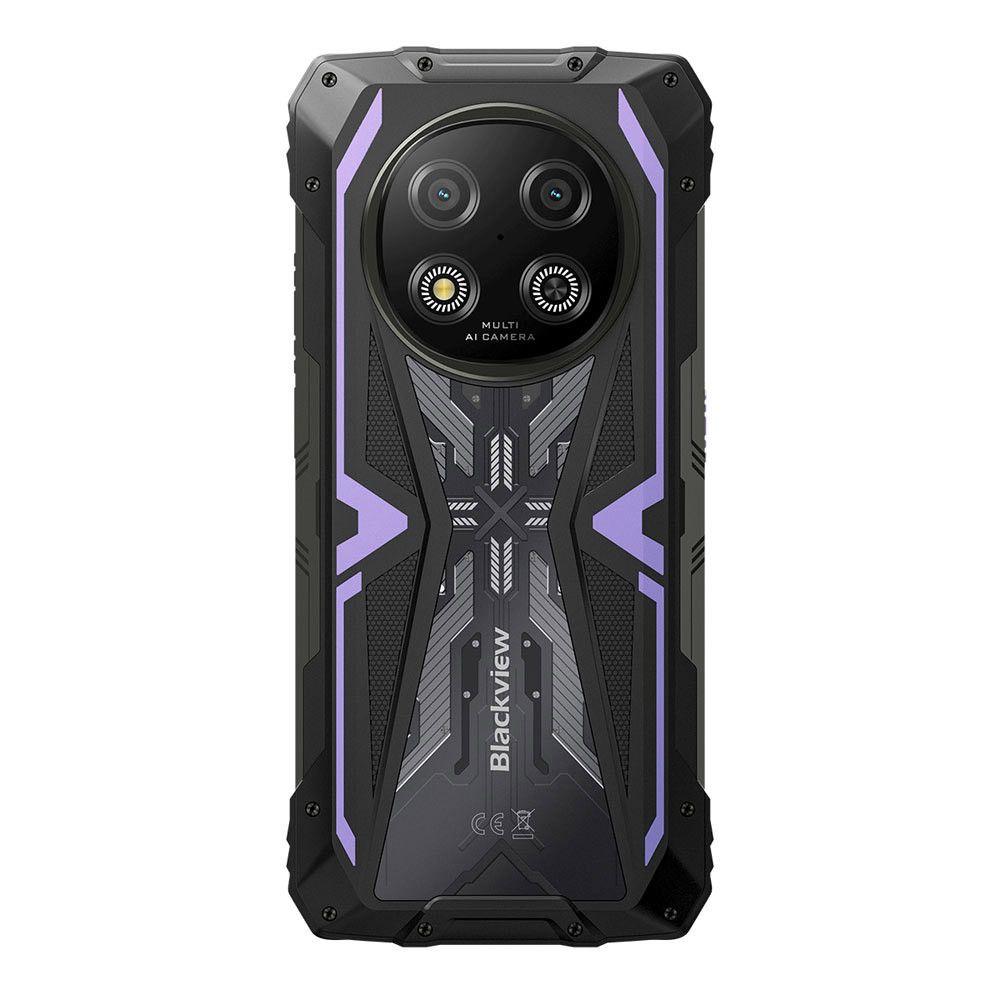 Retro di uno smartphone nero robusto con accenti viola e tripla fotocamera.