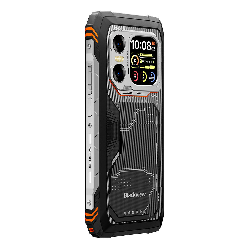 Robusto smartphone Blackview nero con accenti arancioni e modulo fotocamera.