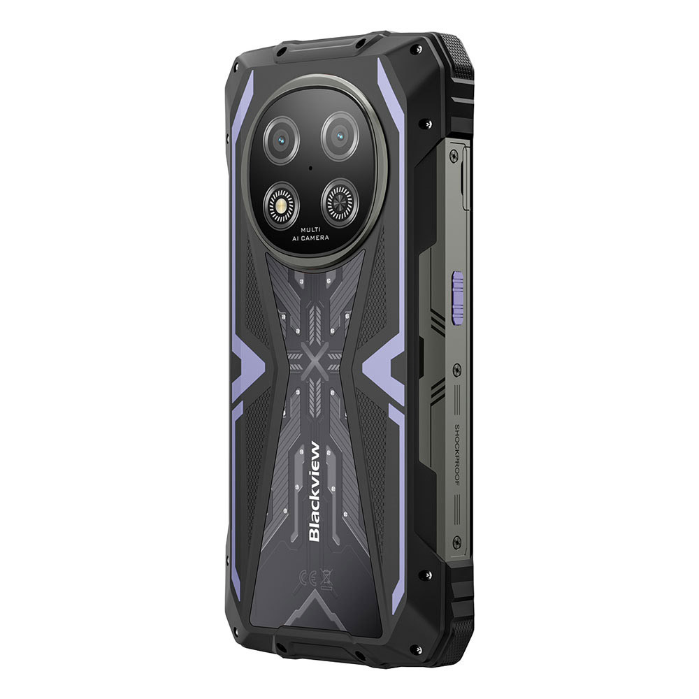 Uno smartphone robusto con accenti viola e configurazione multi-camera.