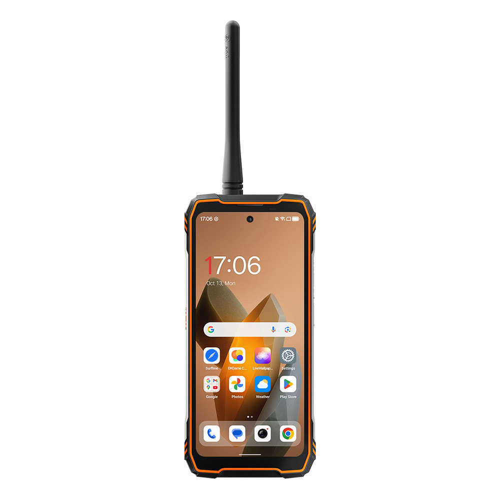 Uno smartphone robusto con antenna e accenti arancioni, mostra ora e app.