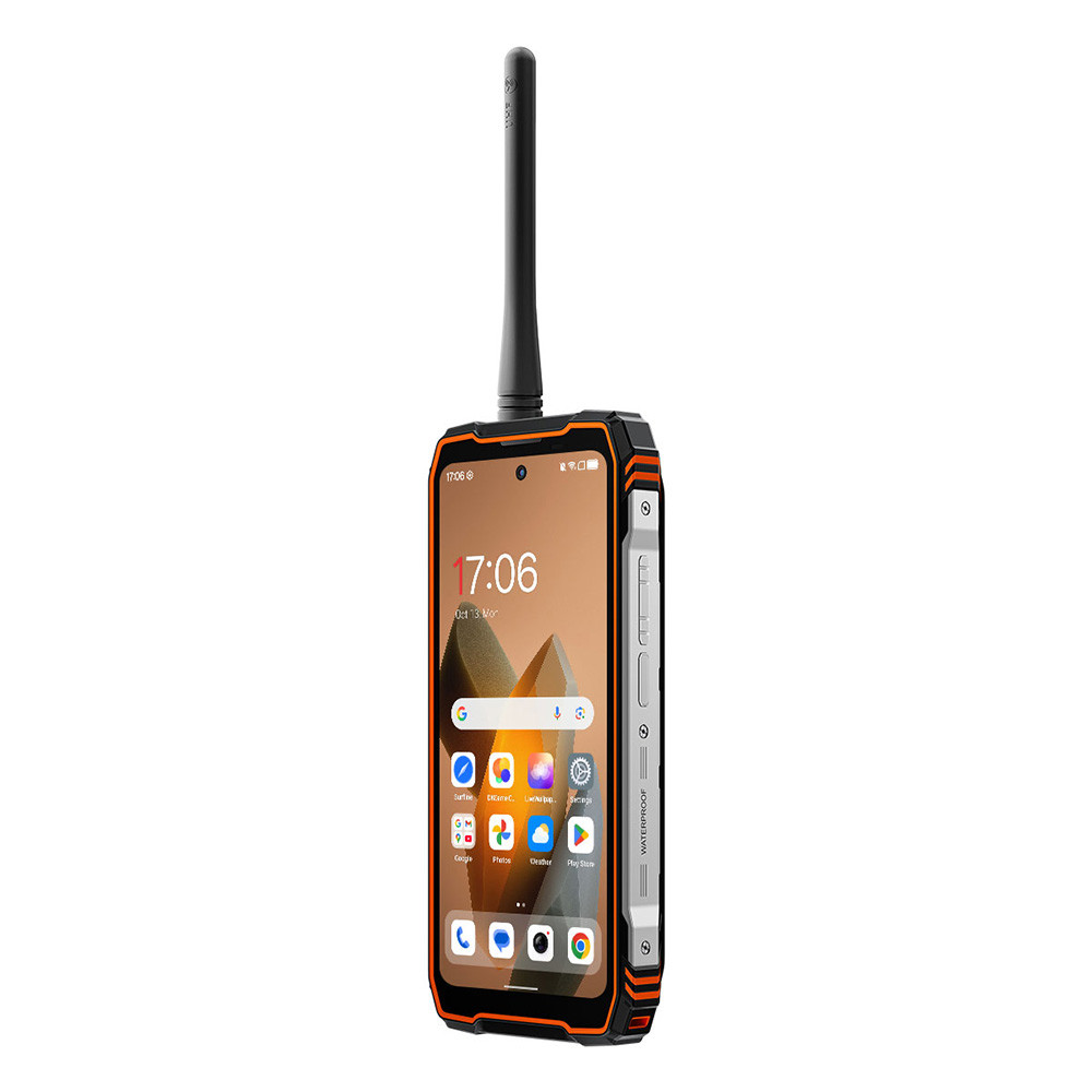 Uno smartphone robusto con antenna estensibile e accenti arancioni.