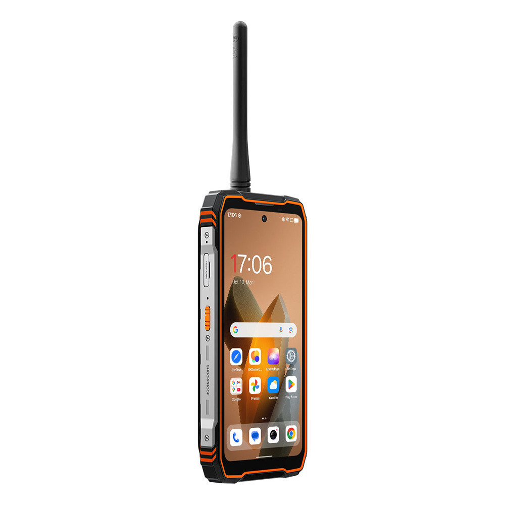 Smartphone robusto con antenna estensibile e accenti arancioni su corpo nero.