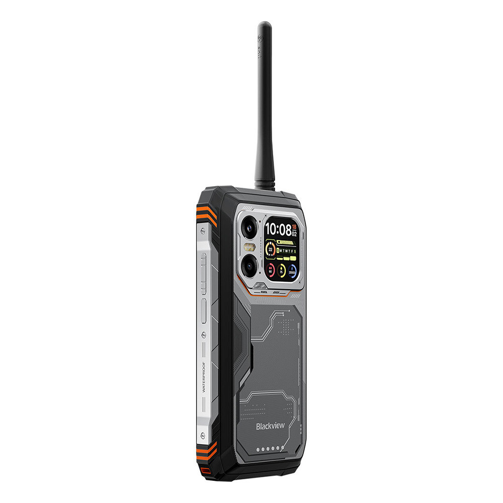 Telefono robusto con antenna, nero e arancione, mostra ora 10:08 e icone.