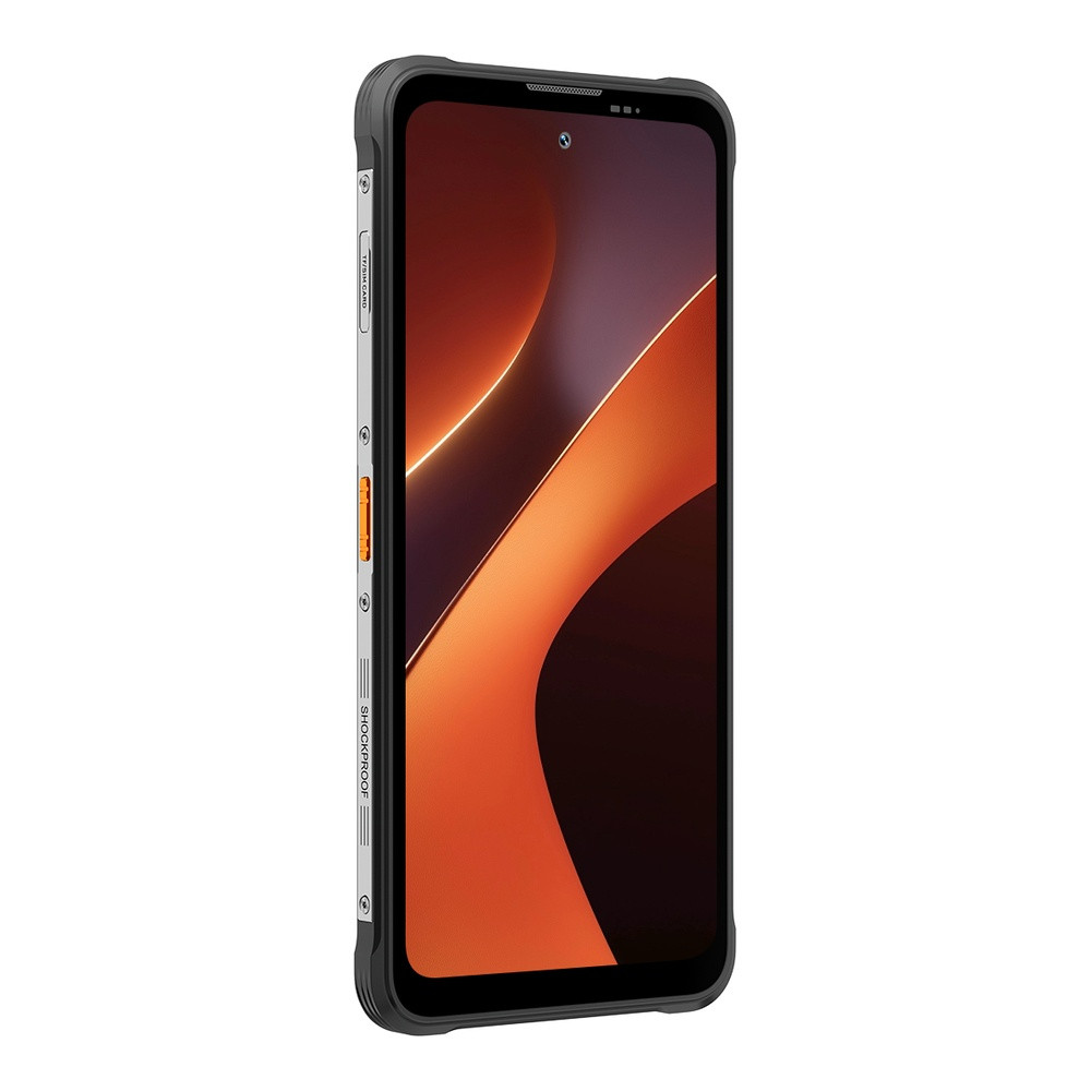 Smartphone robusto con accenti arancioni e sfondo astratto sullo schermo.
