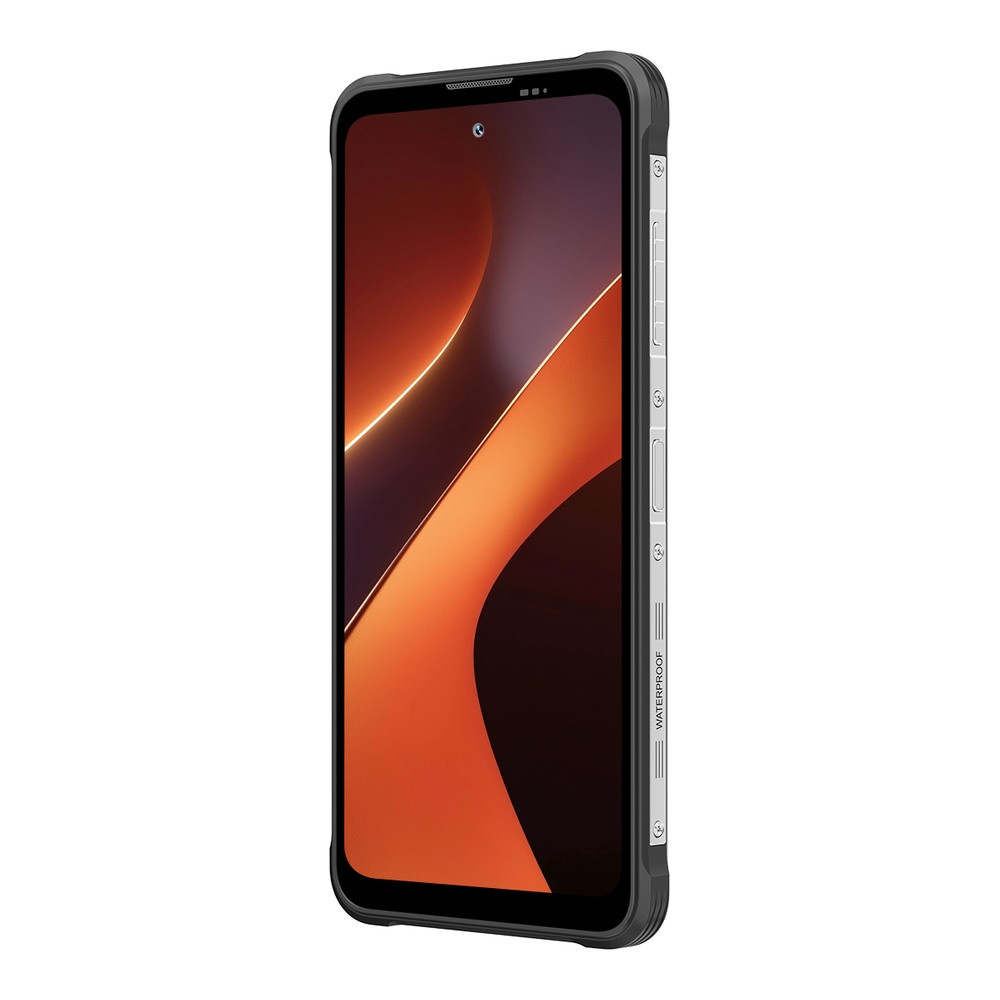 Smartphone robusto con sfondo astratto arancione e pulsanti laterali argentati.