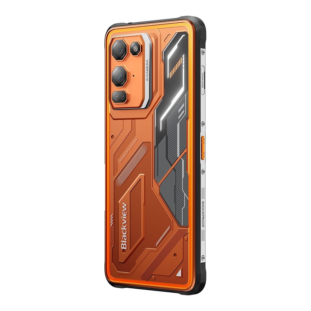 Smartphone arancione con tre fotocamere e cornice nera. Antishock.
