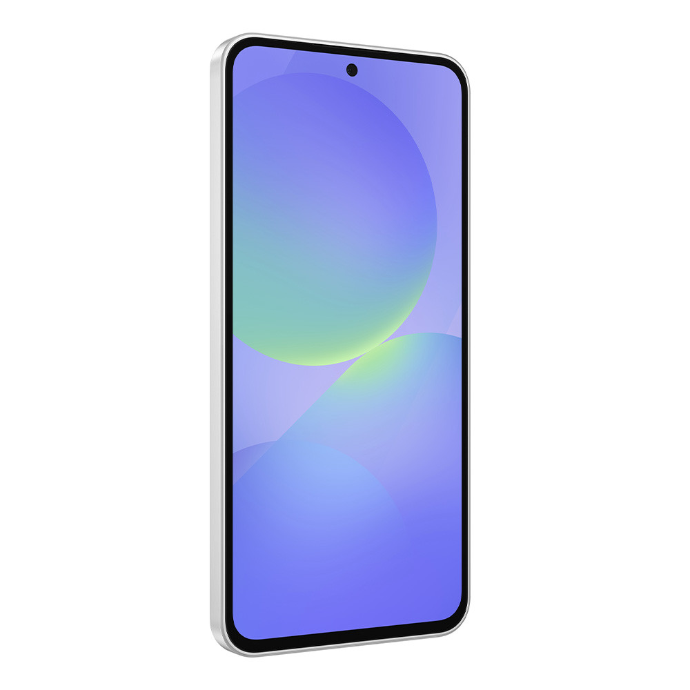 Uno smartphone argentato con uno sfondo astratto colorato sul suo schermo.