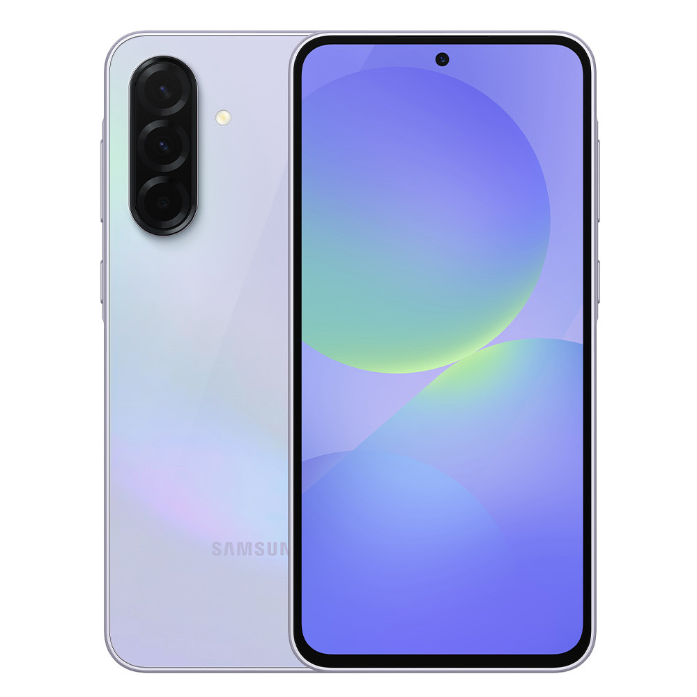 Uno smartphone viola chiaro con tre fotocamere posteriori e sfondo colorato.