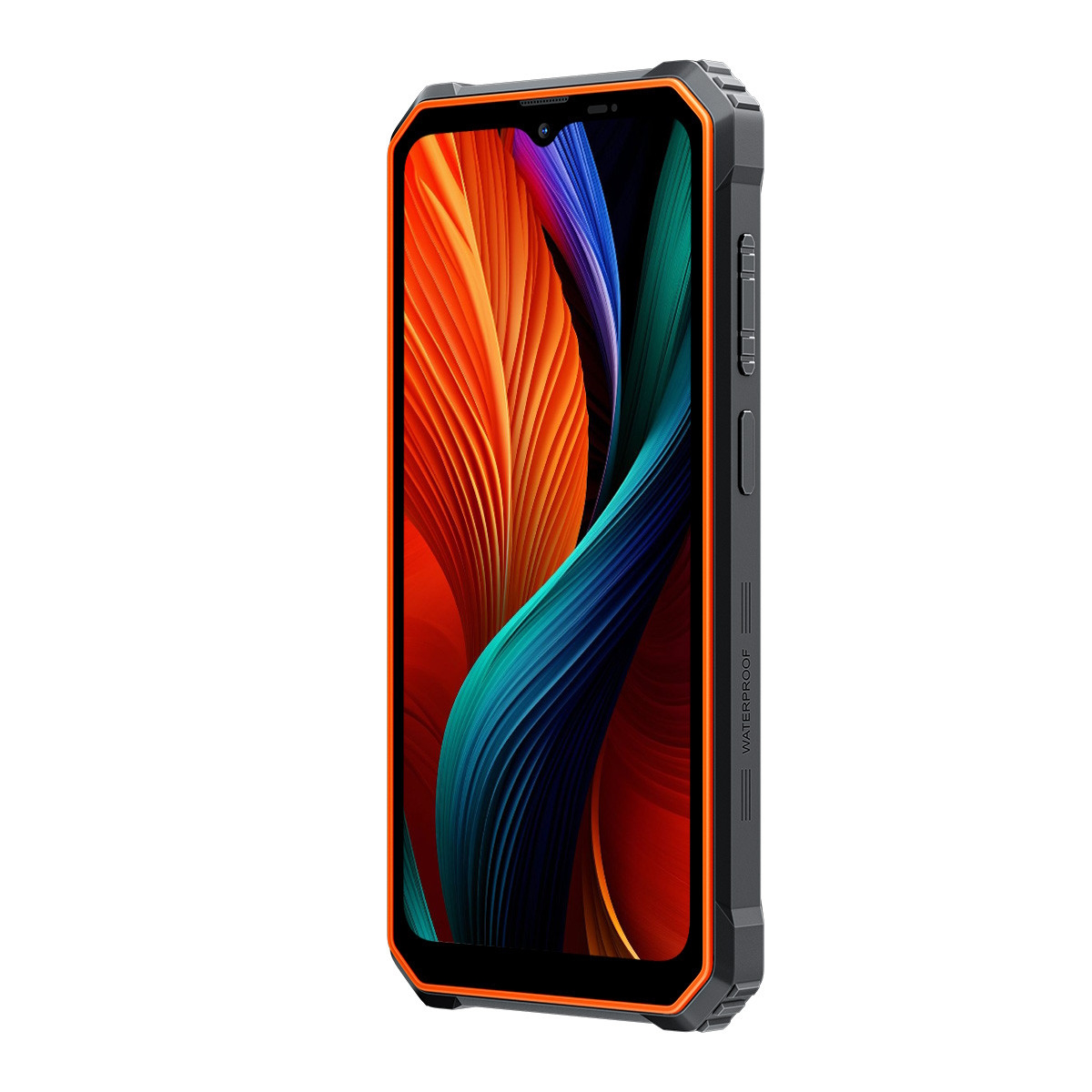 Smartphone robusto con cornice arancione e display colorato. Pulsanti laterali visibili.
