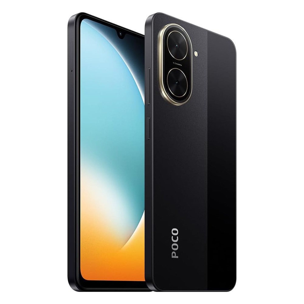 Smartphone nero con logo POCO e doppia fotocamera sul retro.