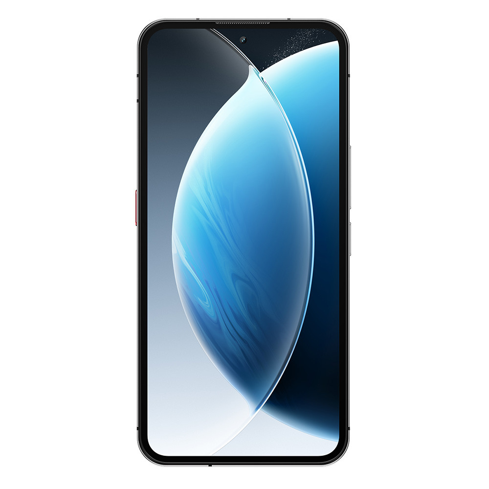 Uno smartphone con sfondo blu e cornice argentata.