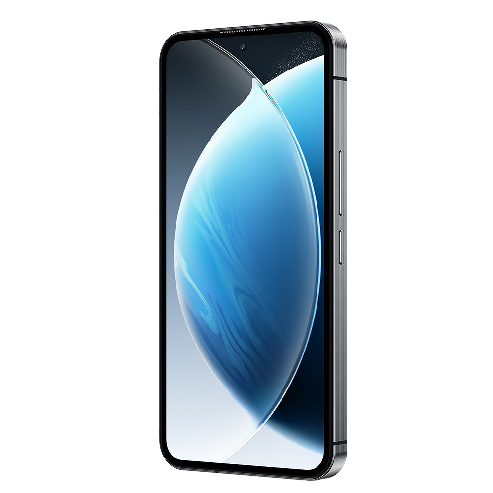 Smartphone grigio con motivo a onde blu sullo schermo, retro bianco. Vista laterale.