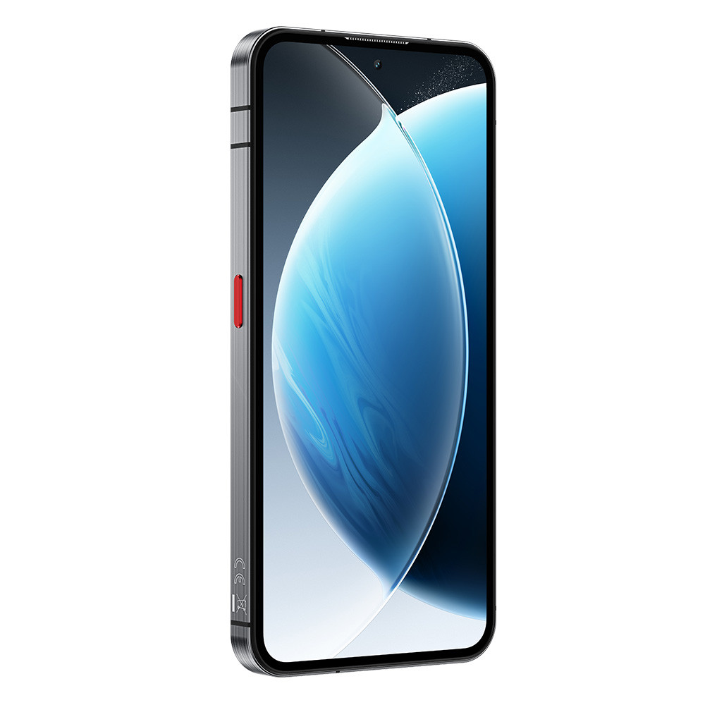 Uno smartphone grigio con accento rosso e sfondo blu.