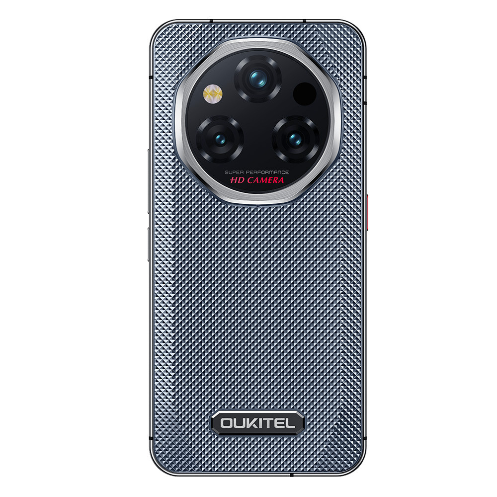 Retro di uno smartphone blu con tripla fotocamera e logo Oukitel.
