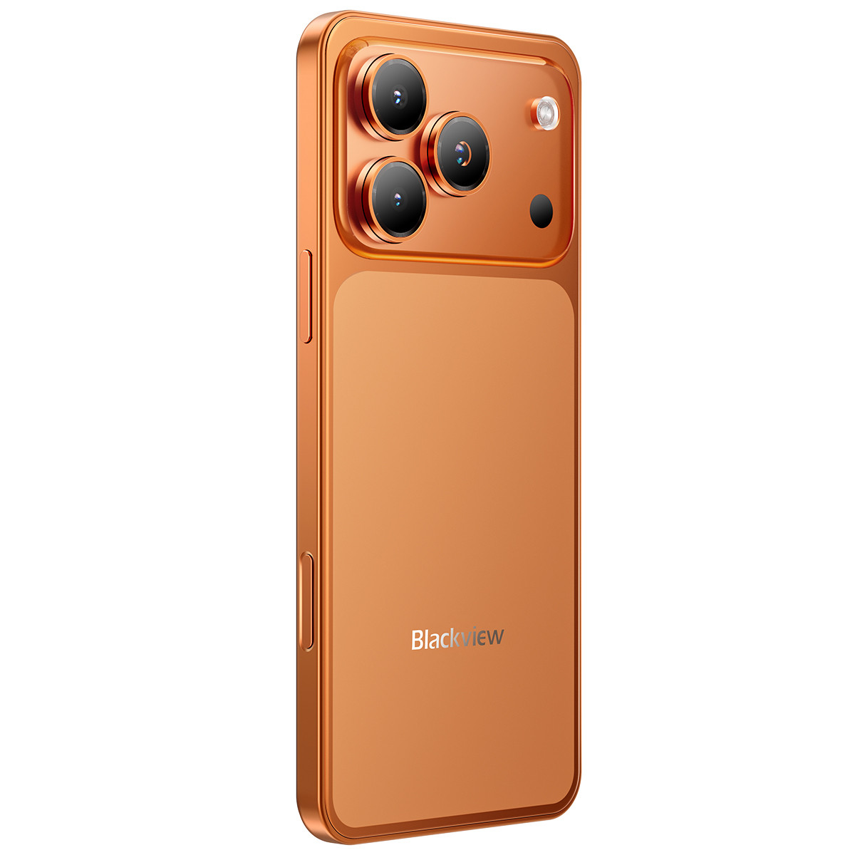 Uno smartphone arancione con tre fotocamere e flash sul retro.