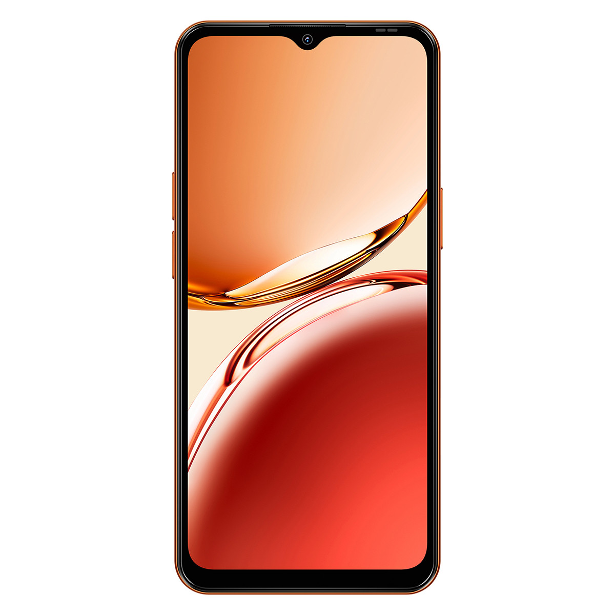 Uno smartphone arancione con notch a goccia e sfondo astratto.