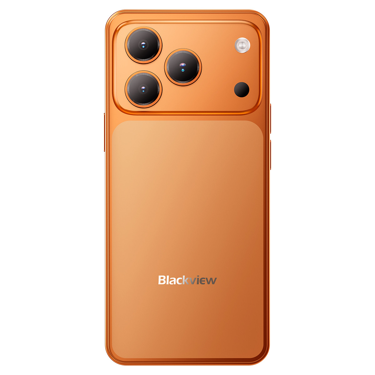 Uno smartphone arancione con tre fotocamere e un flash.