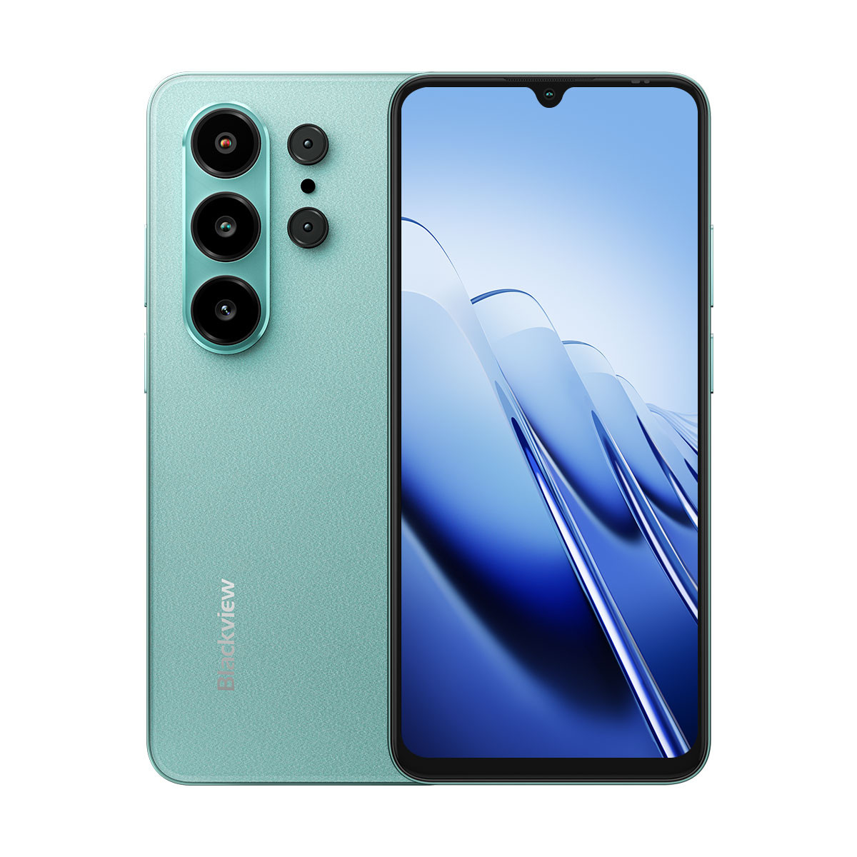 Uno smartphone verde acqua con tre fotocamere posteriori e display a cascata. Logo Blackview visibile.