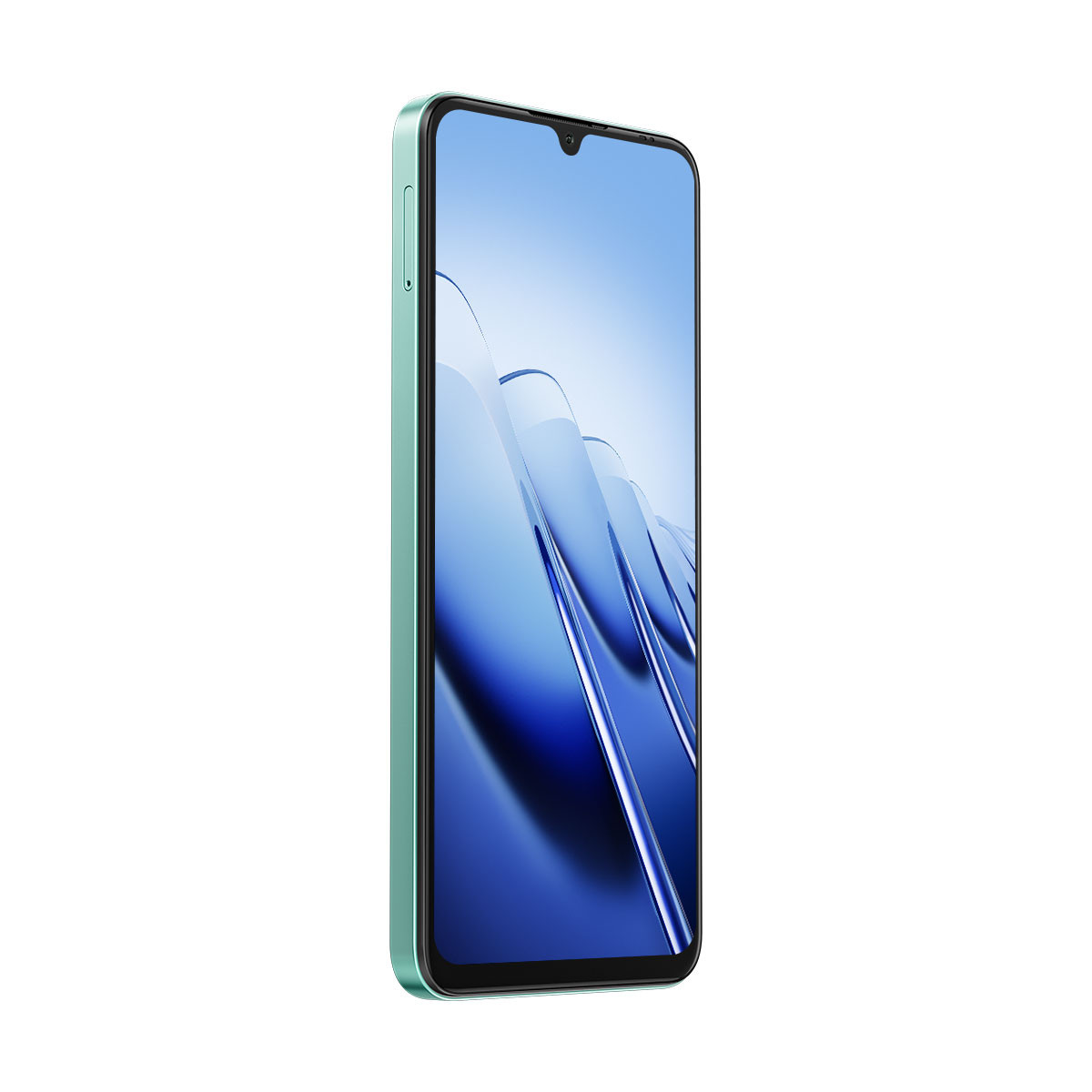 Uno smartphone verde chiaro con uno sfondo blu stilizzato sullo schermo.