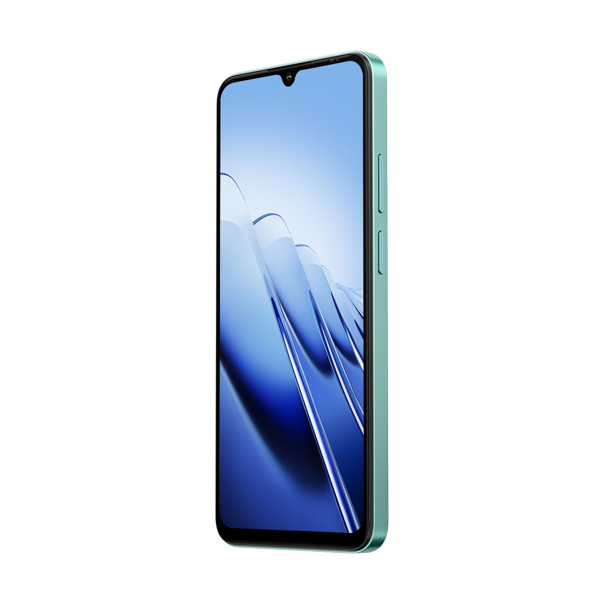 Uno smartphone verde chiaro con uno sfondo blu sul suo schermo.