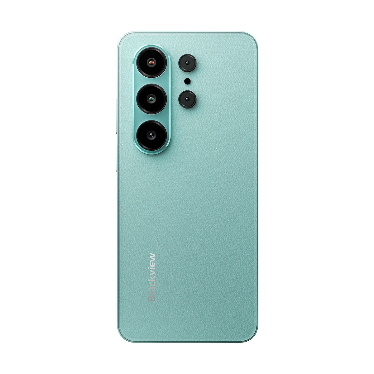 Retro di uno smartphone verde menta con tre fotocamere e logo Blackview.