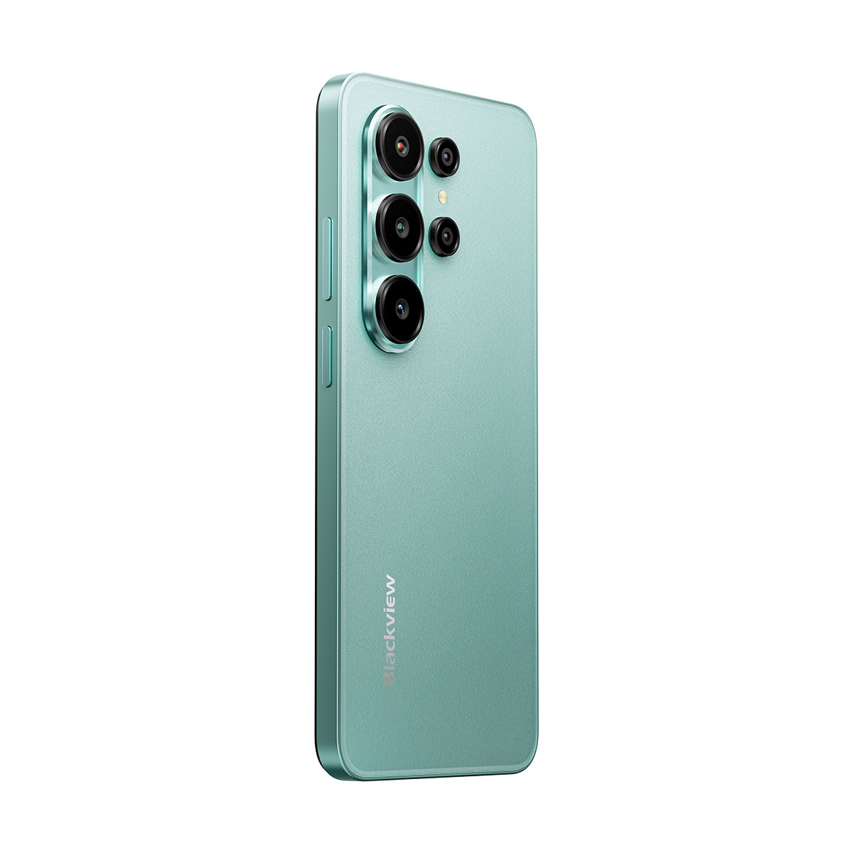 Uno smartphone turchese con quattro fotocamere sul retro, su sfondo bianco.