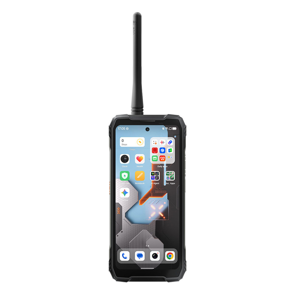 Smartphone robusto con antenna, scocca nera e icone delle app sullo schermo.