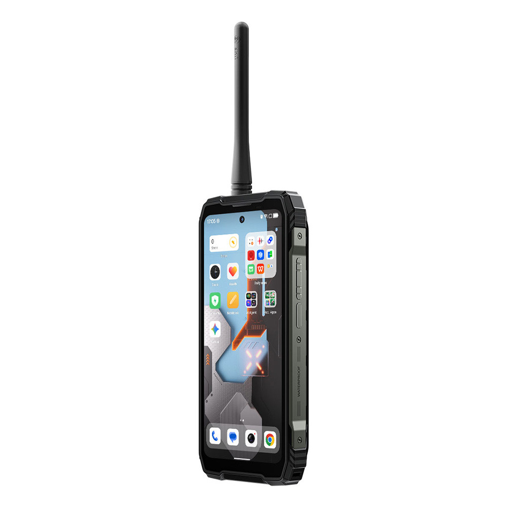 Smartphone robusto con antenna, che mostra app sul suo schermo.