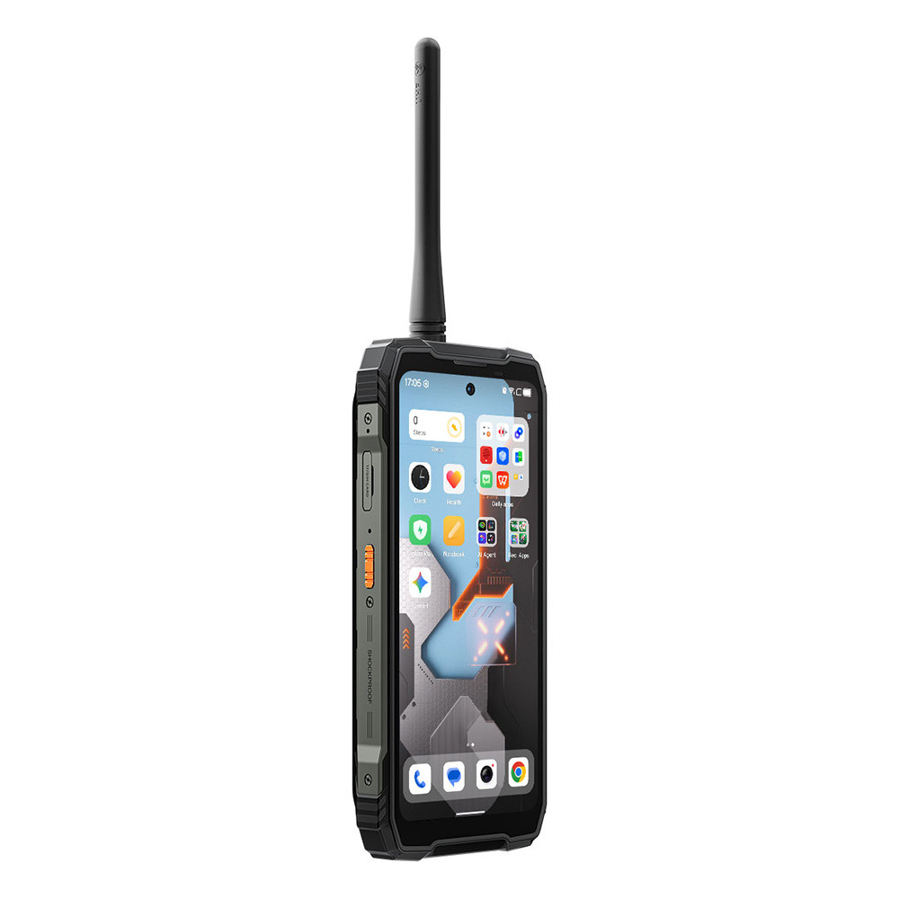 Smartphone robusto con antenna, scocca nera e molte icone di app sullo schermo.