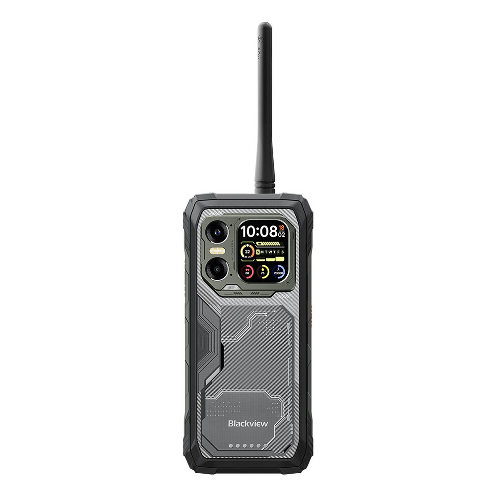 Uno smartphone nero robusto con antenna, fotocamere e schermo che mostra le 10:08.