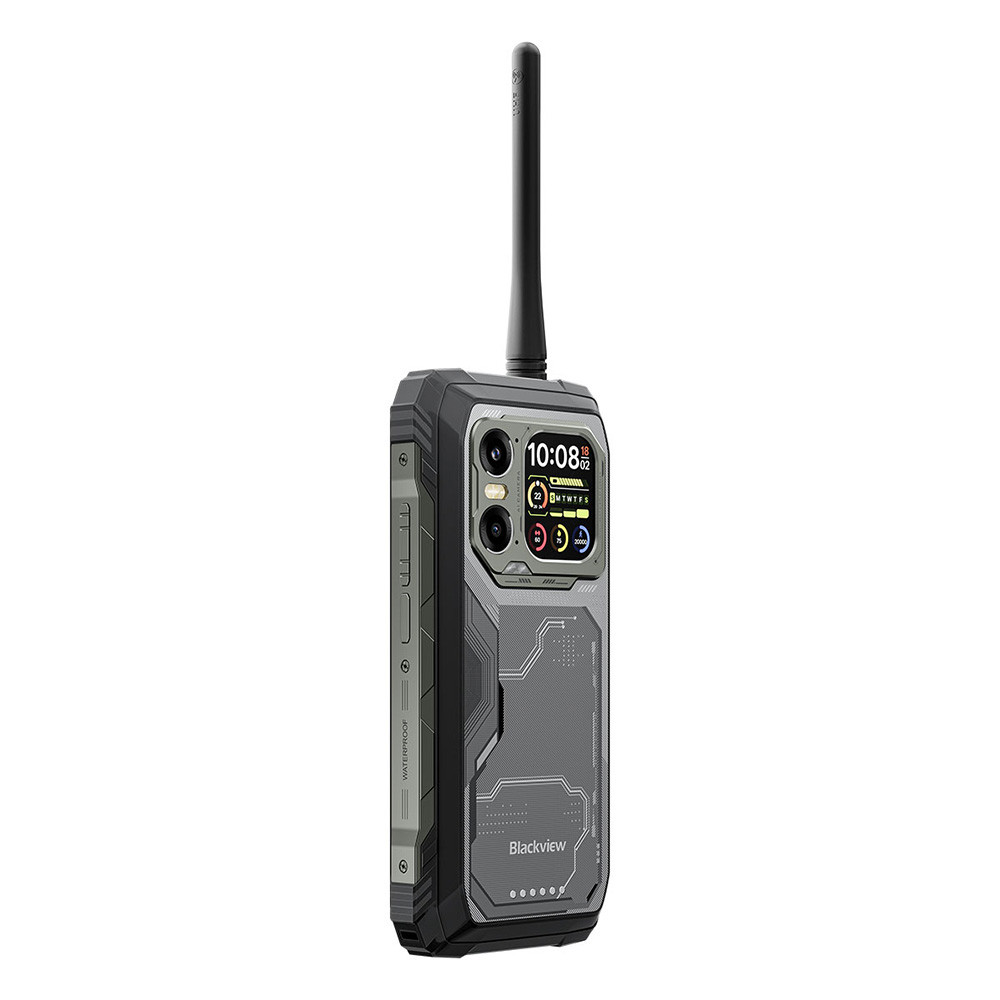 Robusto telefono Blackview con antenna, fotocamera e schermo che mostra le 10:08.