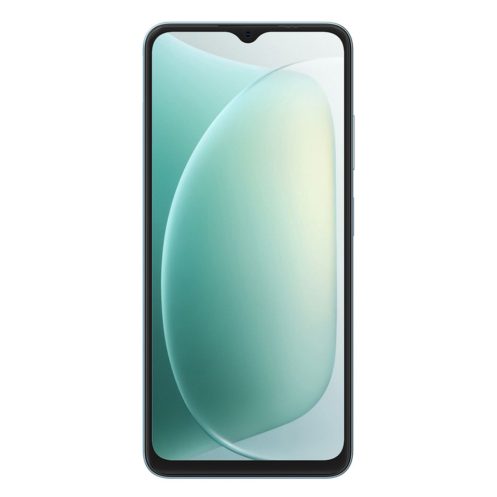 Uno smartphone azzurro con notch a goccia e grafica di sfondo turchese.