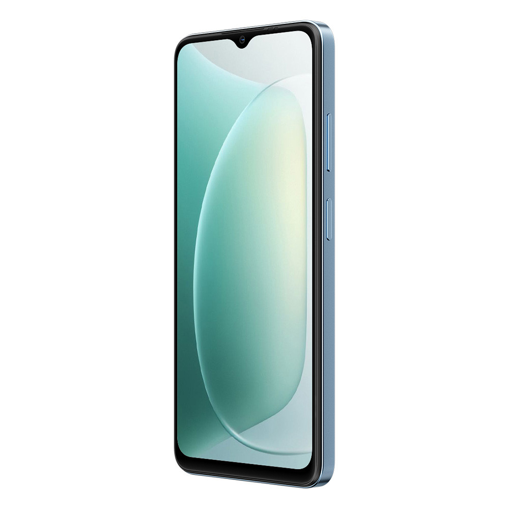 Uno smartphone blu con sfondo verde menta è mostrato di lato.