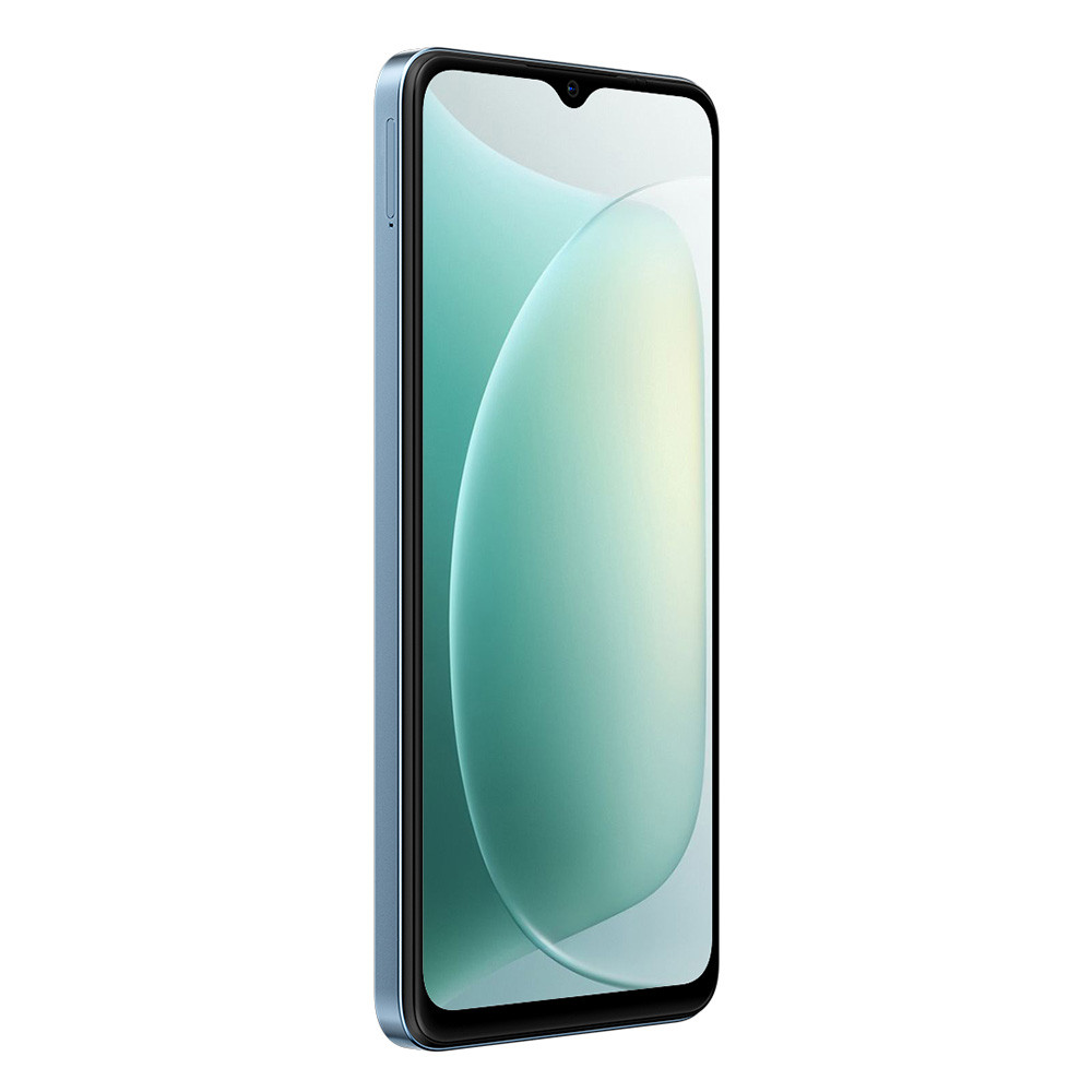 Uno smartphone blu chiaro con notch a goccia e sfondo sfumato turchese.