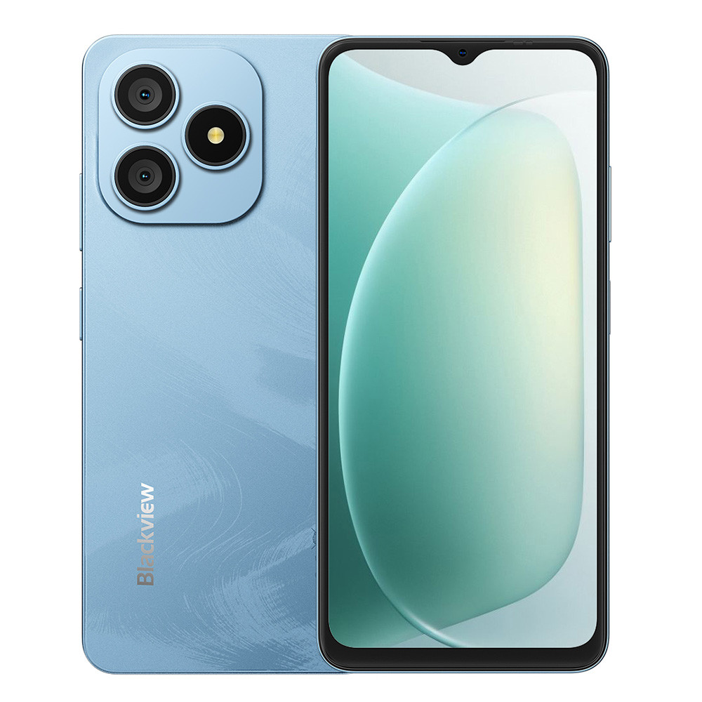Uno smartphone blu con tripla fotocamera posteriore e schermo intero.