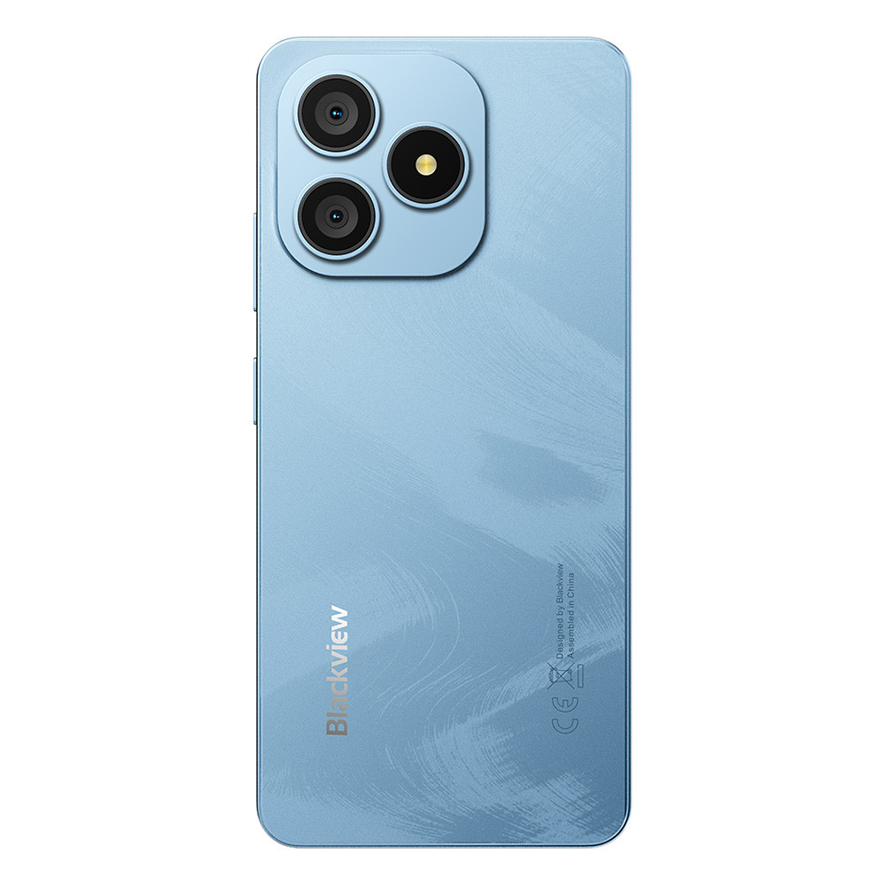 Uno smartphone azzurro con tre fotocamere sul retro.