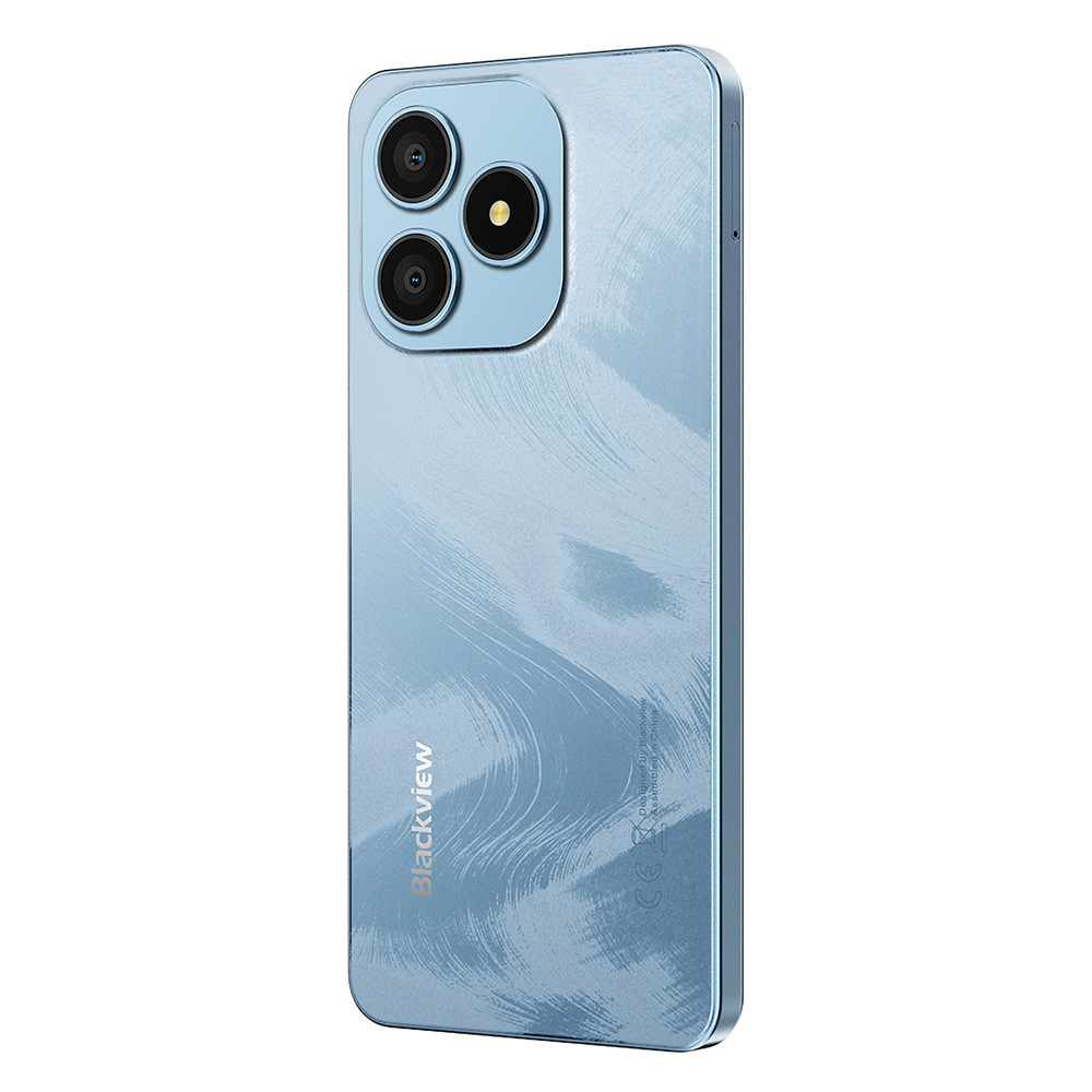 Uno smartphone blu con tre fotocamere posteriori e finitura spazzolata.