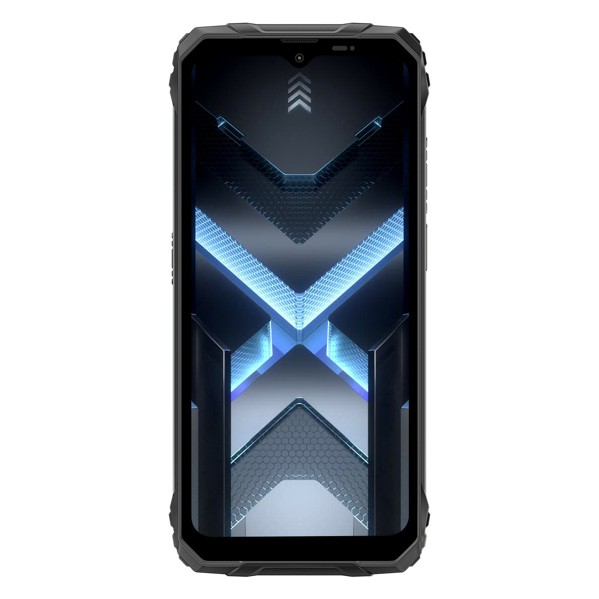 Uno smartphone nero con uno sfondo blu astratto sullo schermo.
