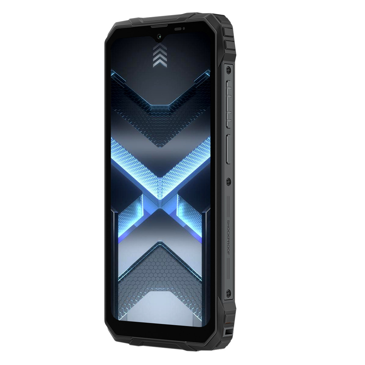 Uno smartphone nero robusto con uno sfondo luminoso a forma di X.