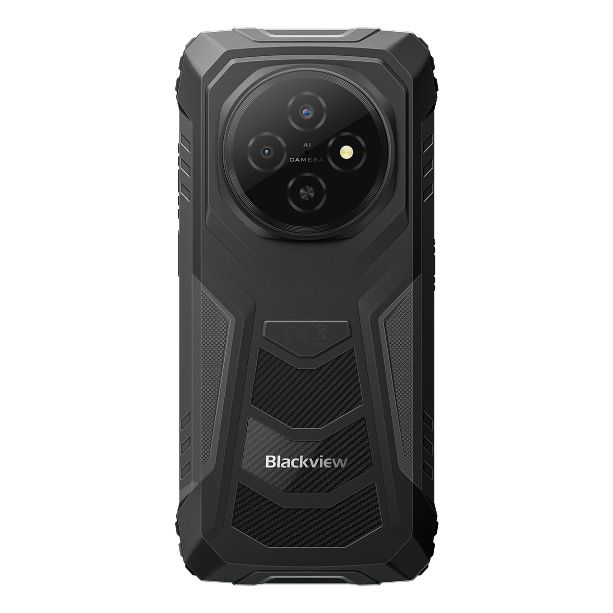 Retro di uno smartphone robusto nero con modulo fotocamera circolare e logo 'Blackview'.
