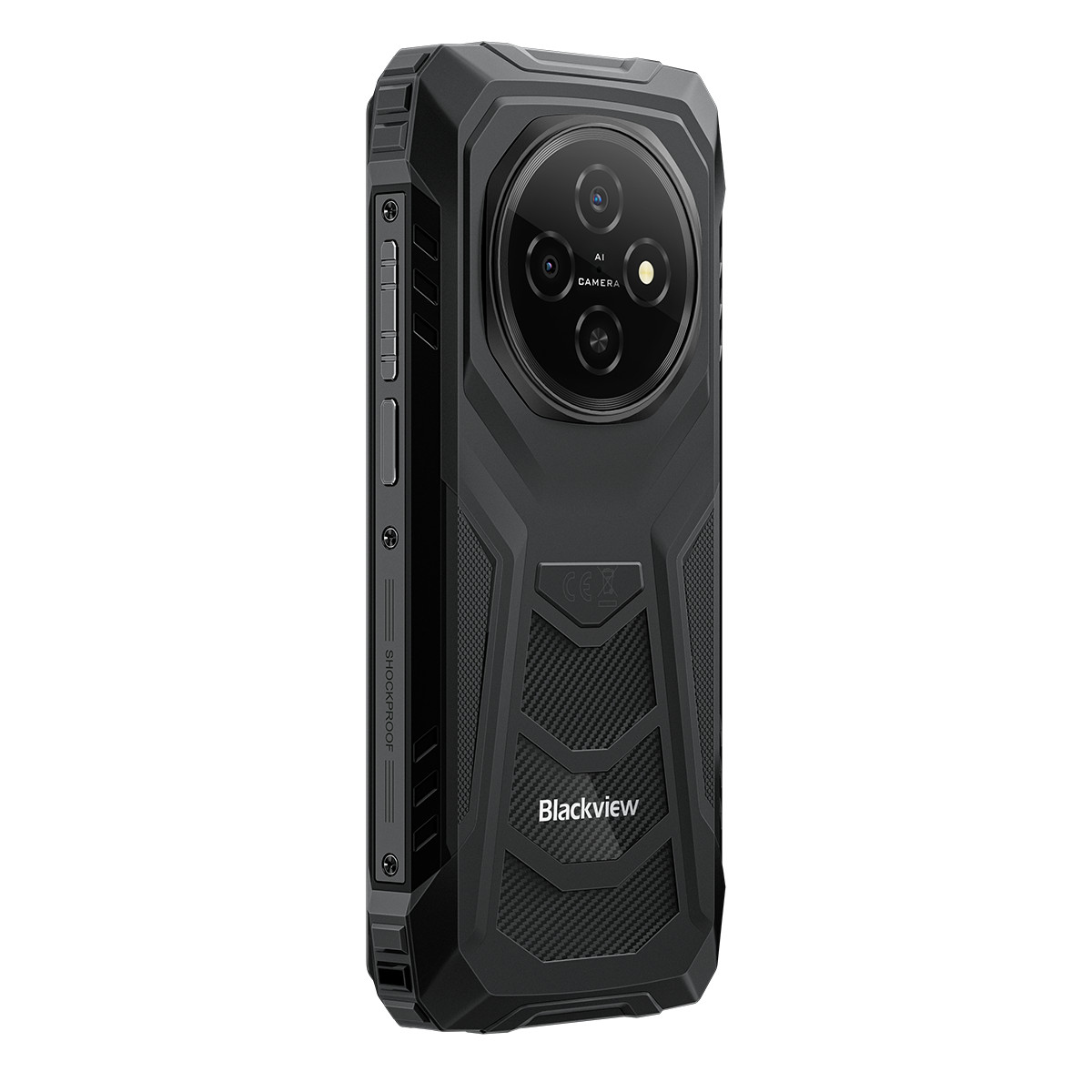 Smartphone rugged nero con tripla fotocamera e logo Blackview su sfondo bianco.