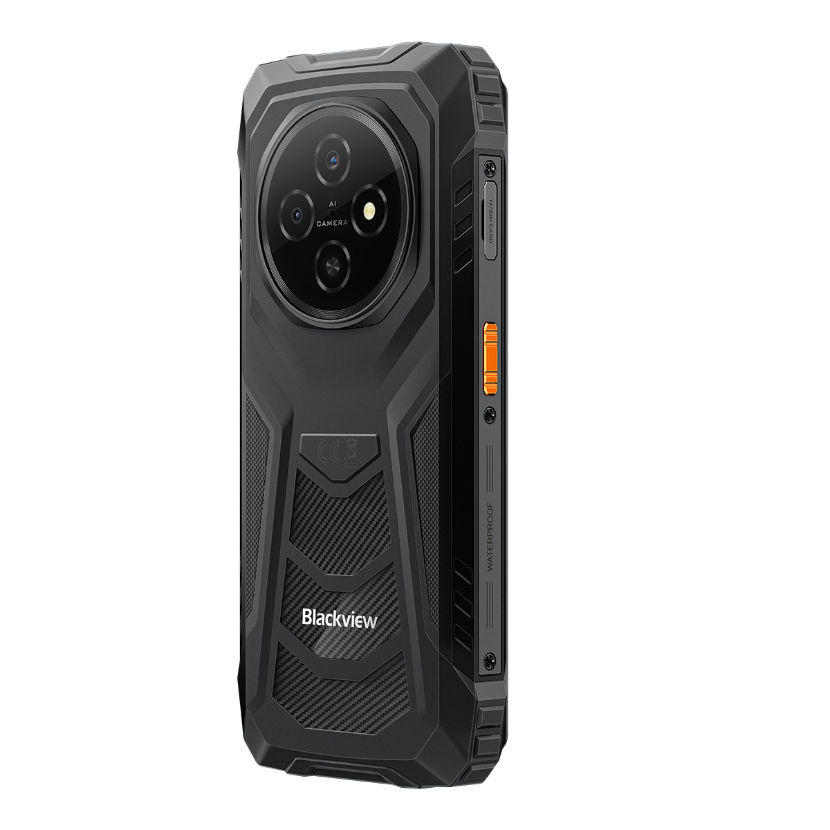 Smartphone rugged nero con tripla fotocamera e logo 'Blackview'.