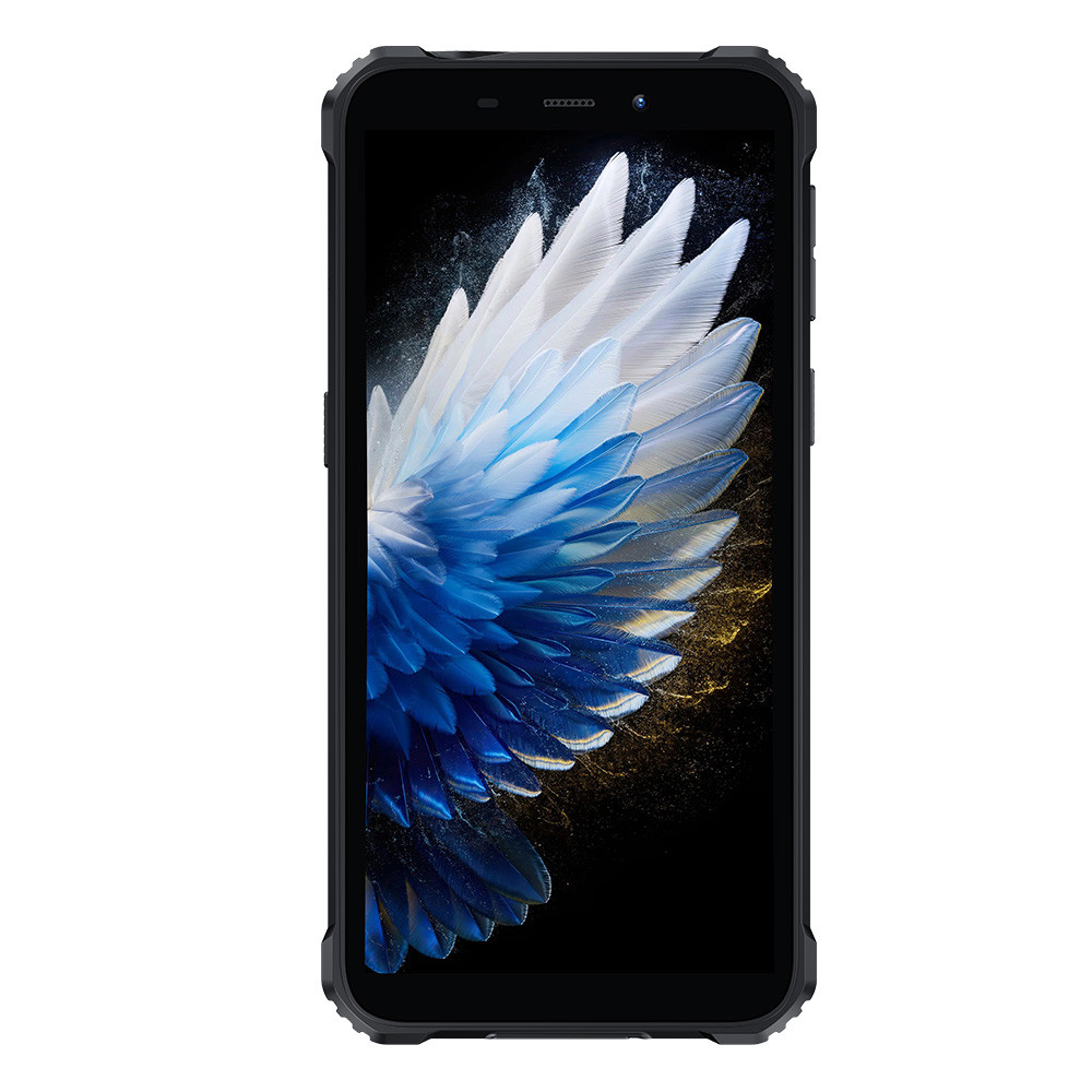 Uno smartphone nero con uno sfondo stilizzato di piume blu e bianche.