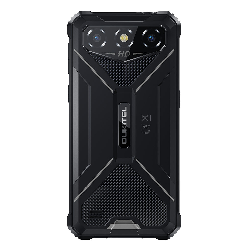 Lo smartphone nero e robusto dispone di una tripla fotocamera e del logo Oukitel.