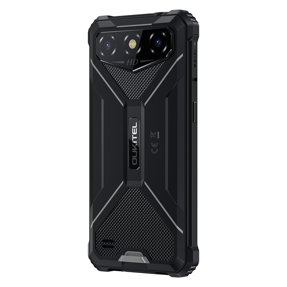 Robusto smartphone nero con fotocamera HD e logo Oukitel sul retro.