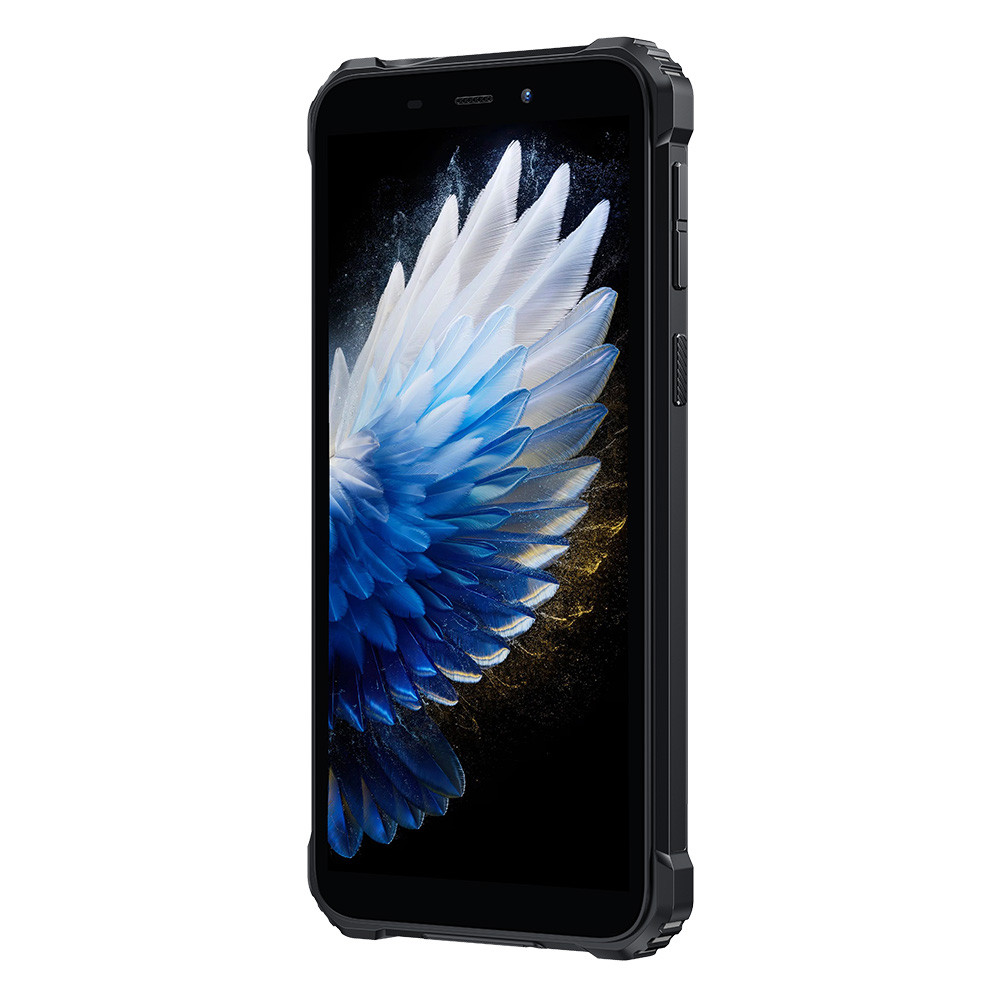 Smartphone nero con uno sfondo blu e bianco simile a una piuma.