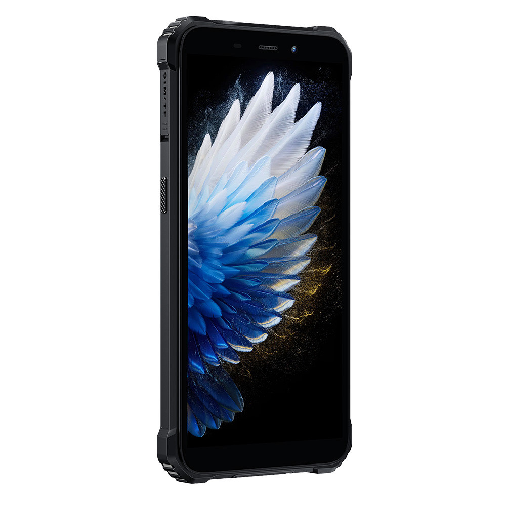 Smartphone nero con sfondo di piume blu e bianche.