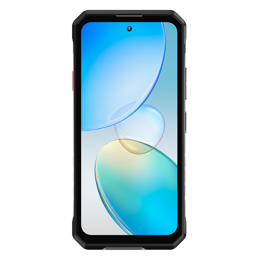 Uno smartphone nero con schermo colorato e una singola fotocamera frontale.